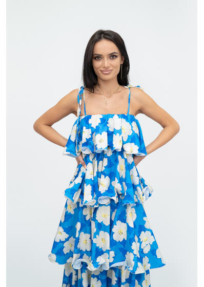 rochie midi volane albastra cu flori