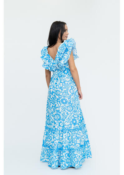 rochie lunga eleganta de vara turquoise cu alb